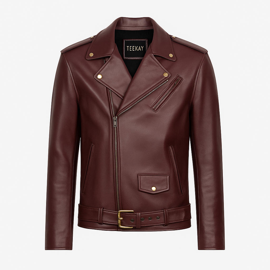 Custom Tailored - Biker Leather Jacket - Burgundy